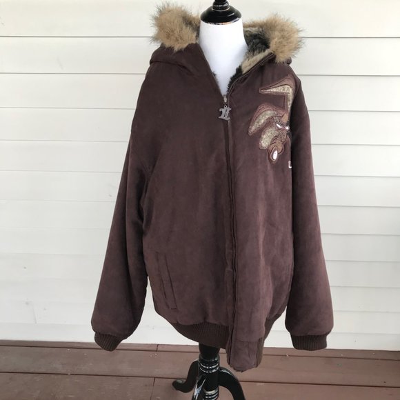 Lot 29 Luxe Wile E Coyote Faux Fur Bomber Jacket - Picture 3 of 8